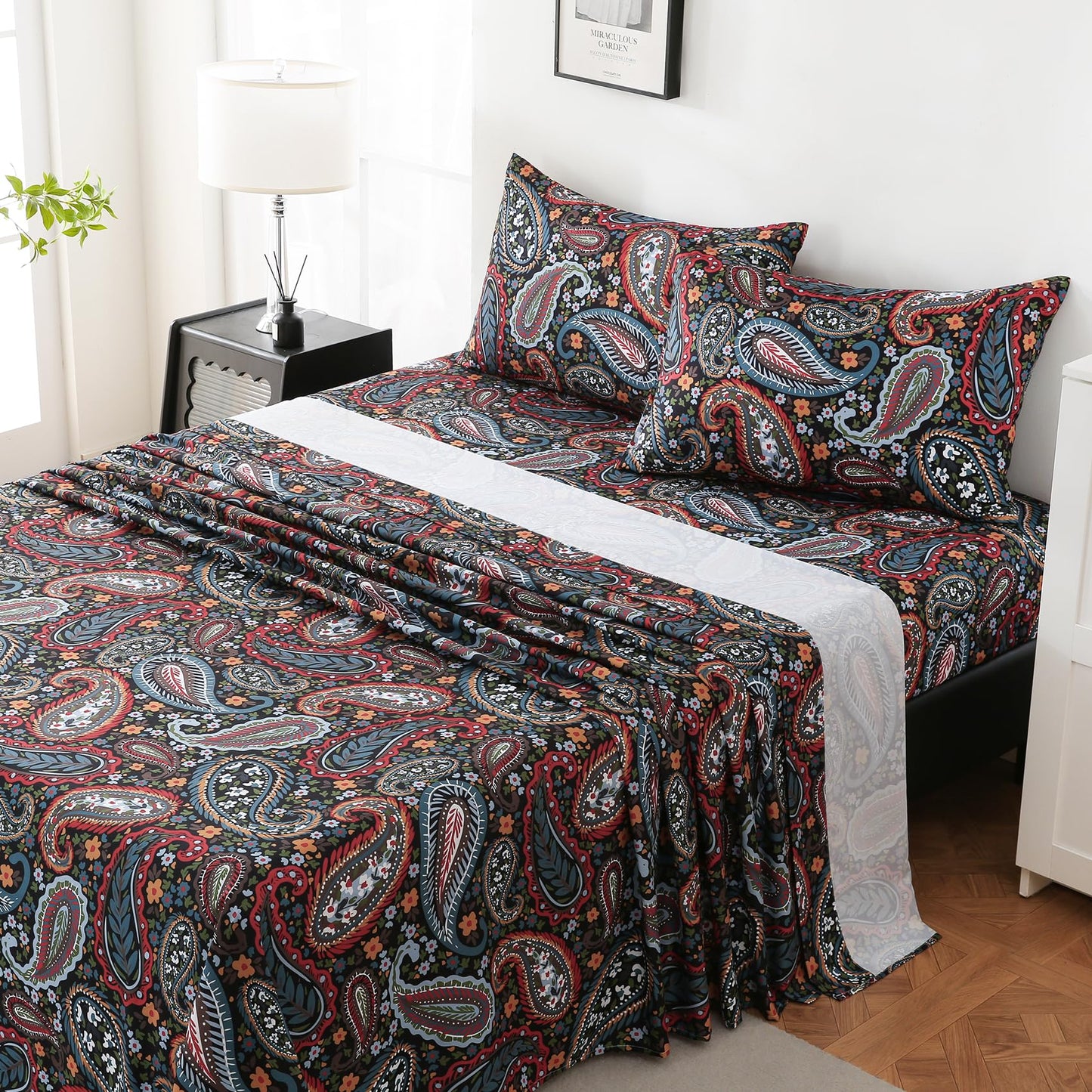 Yibeizi King Size Sheets Set Deep Pocket Black Paisley Bed Sheet Sets, Dark Floral Printed Soft Microfiber Oeko-Tex Hypoallergenic Sheets & Pillowcases Wrinkle Free Bedsheets