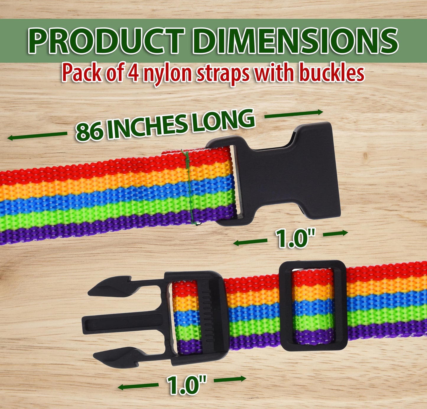 Mandala Crafts 4 PCs Rainbow Adjustable Bag Buckle Straps Belt with 1 Inch Quick Side Release Clips 86 Inch Nylon Webbing – Utility, Packing, Suitcases, Sleeping Bags, Backpacks, Luggage Straps