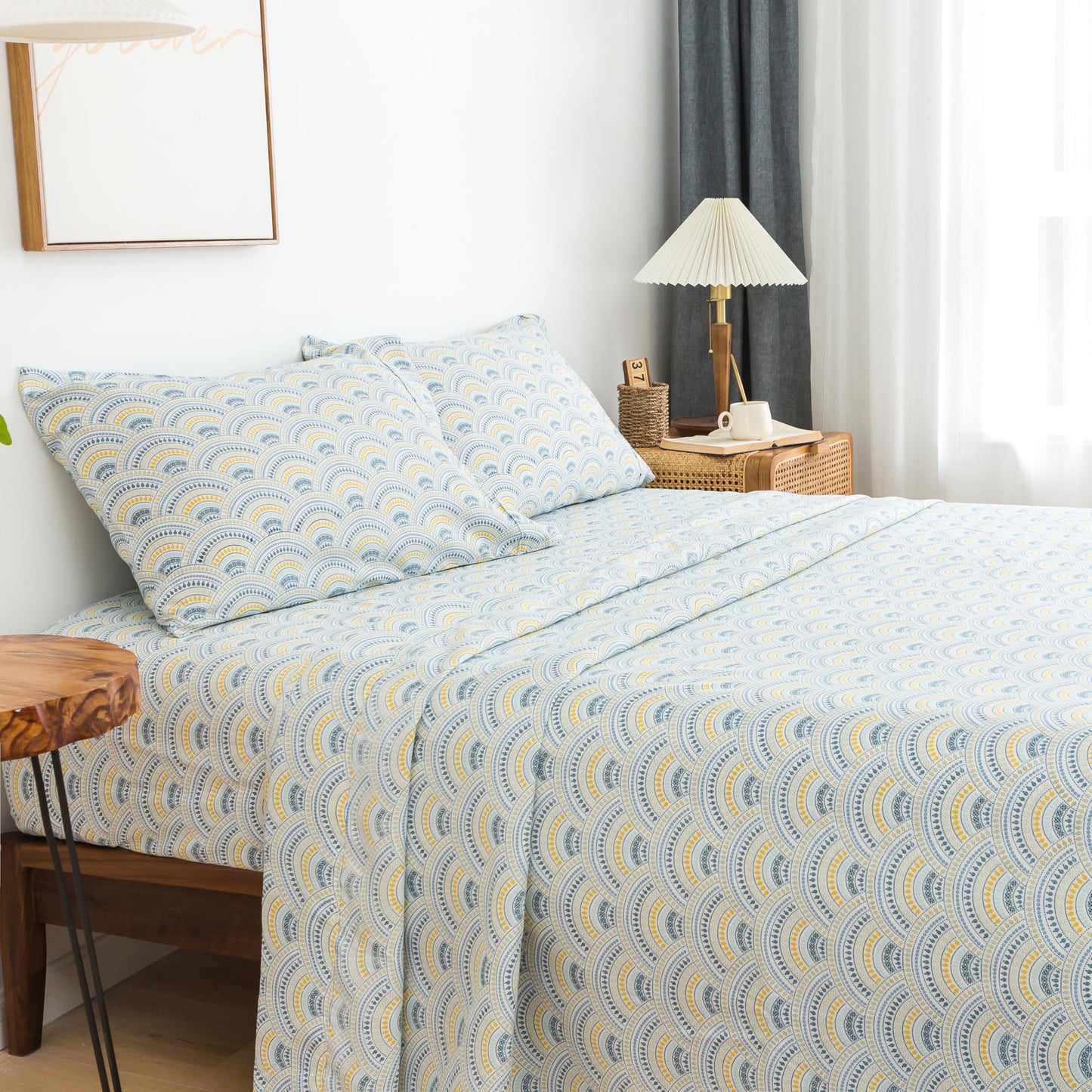 KACEMOO California King Sheet Set 4PC Boho Sheets Pattern Blue Printed Sheets Floral Bed Sheet Cooling Soft 17”Deep Pocket Microfiber Brushed Sheet, Easy Care, Breathable, Wrinkle Free Bed Sheet Set