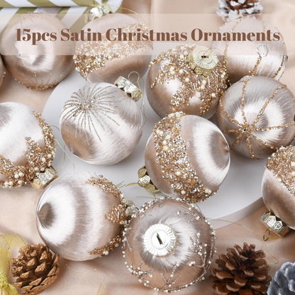 Christmas Ornaments Champagne Xmas Balls - Pack of 15 Luxury Christmas Tree Decorations Shatterproof - Satin Glitter Xmas Bulbs Set, 3.15 inch 80mm