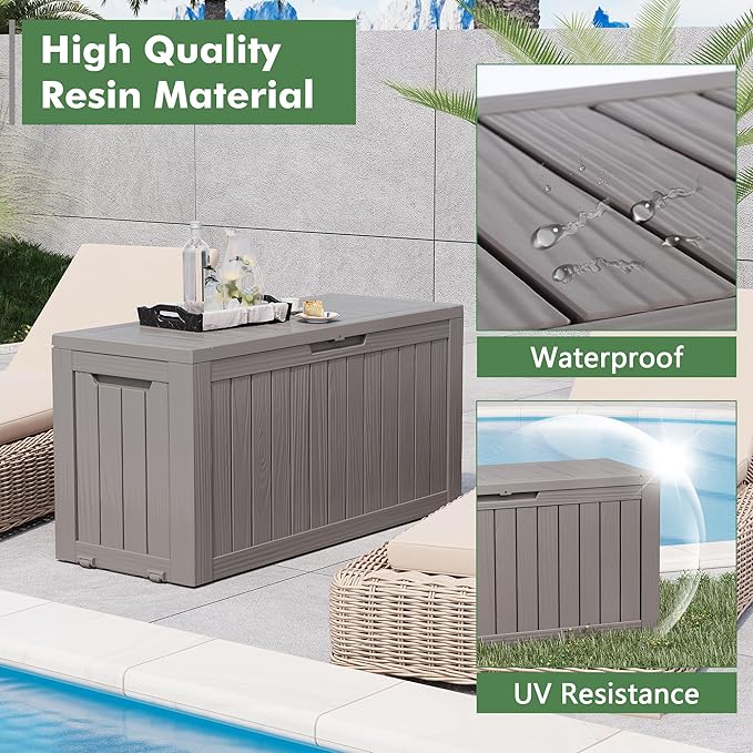 Outdoor Storage Box, Resin Deck Boxes Indoor and outdoor, Waterproof Storage Box Lockable Lid (Grey, 85 Gallon)
