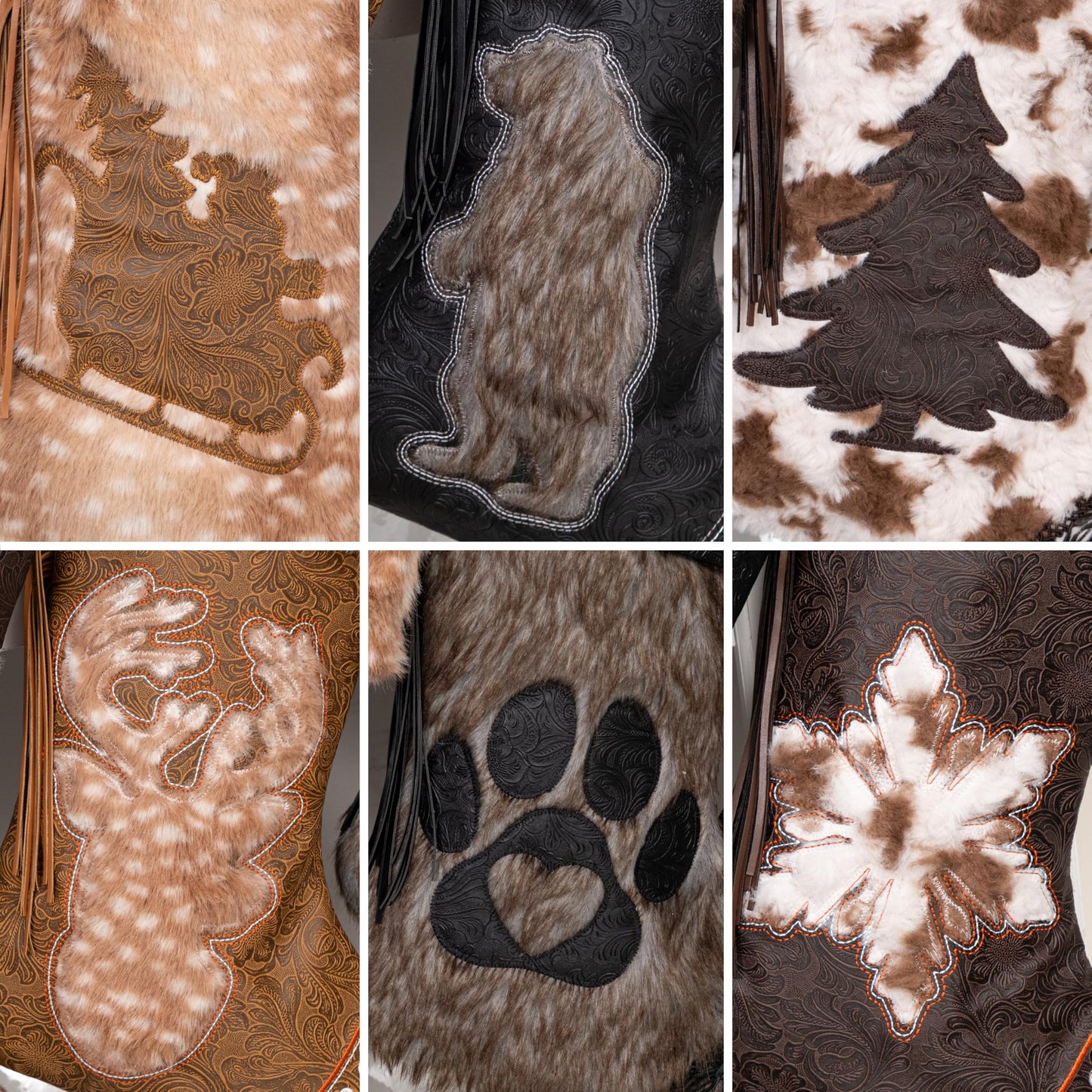 LUBOT 2025 Christmas Stockings Set of 6, Western Cowboy 20" Rustic Farmhouse Fireplace Hanging Décor Neutral Embossed Leather & Plush Faux Fur with Tassel Accents Large Family Xmas Stockings