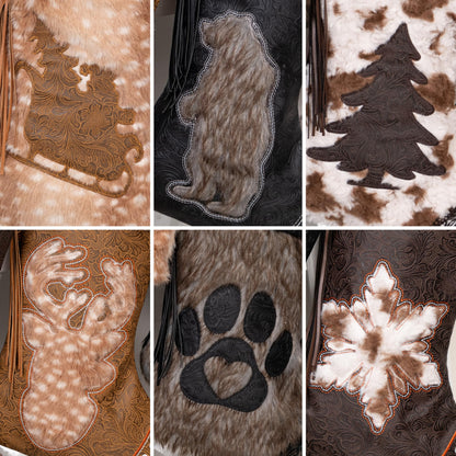 LUBOT 2025 Christmas Stockings Set of 6, Western Cowboy 20" Rustic Farmhouse Fireplace Hanging Décor Neutral Embossed Leather & Plush Faux Fur with Tassel Accents Large Family Xmas Stockings