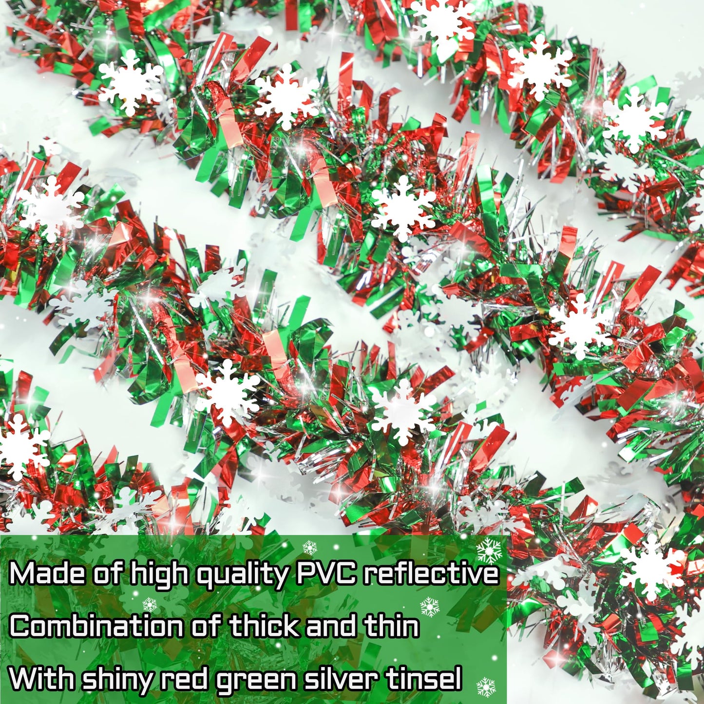 50 FT Christmas Decorations, Christmas Tinsel Garland with Snowflake Shiny Metallic Twist Red Green Silver Christmas Garland for Home Tree Mantle Stairs Indoor Outdoor Xmas Party Decorations
