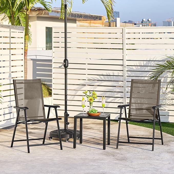Yaheetech Patio Dining Chairs Set of 2, Portable Dining Chairs with Armrests for Camping, Lawn and Beach, Folding Patio Chairs 2-Pack of Metal Frame, Brown
