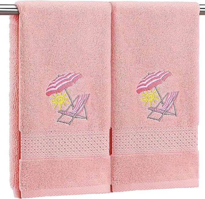 2 Pcs Beach Chair Hand Towels Pink Bathroom Decor 14x29 Inch Embroidered 100%