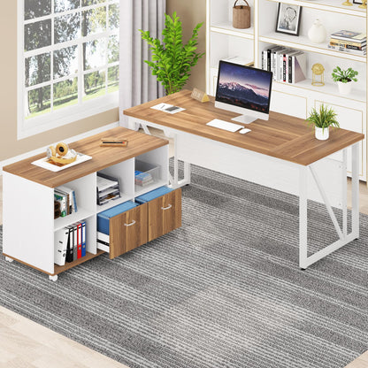 Tribesigns 63 inches Executive Desk and 47" lateral File Cabinet, L-Shaped Computer Desk Home Office Furniture Set with Drawers and Storage Shelves, Office Table with Cabinet (Walnut+White, 63)