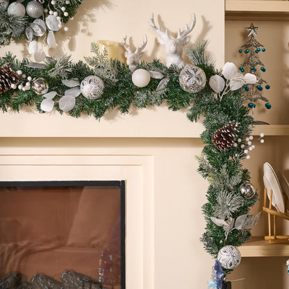Valery Madelyn 9 Feet Pre-Lit Christmas Garland with Lights for Mantle, Lighted Outdoor Xmas Garland with Snowy White Ball Pinecones for Home Stairs Fireplace Table Centerpiece Indoor Holiday Decor