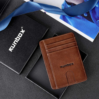 RUNBOX Slim Minimalist Front Pocket RFID Blocking Leather Wallets for Men and Women Card Holder Wallets Gifts for men, 01-Carbon Black, M, Minimalist