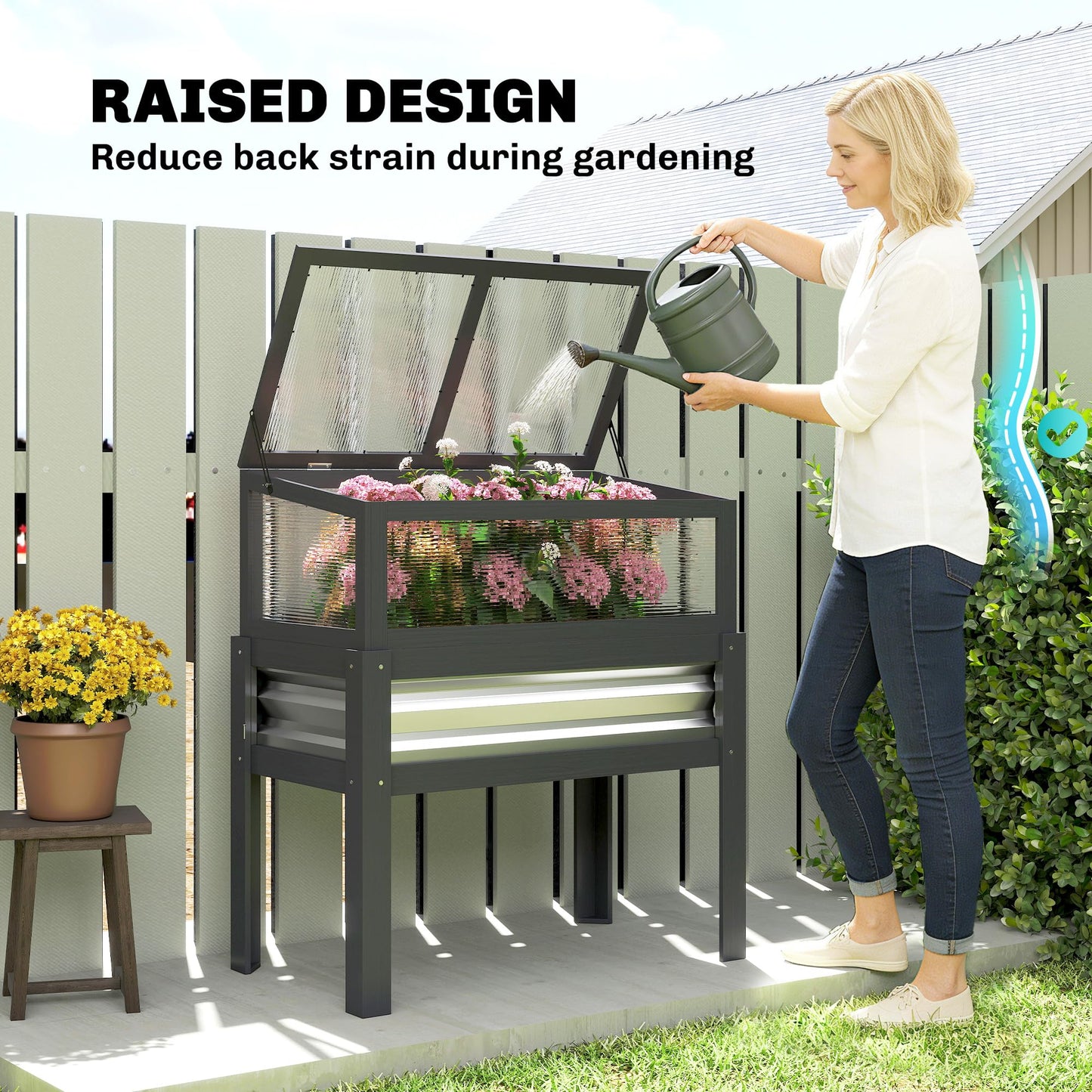 Outsunny Wooden Raised Garden Bed with Flip-Up Greenhouse Top, Raised Garden Bed with Legs and Bed Liner, Elevated Planter Box for Flowers, Vegetables, Herbs, Gray