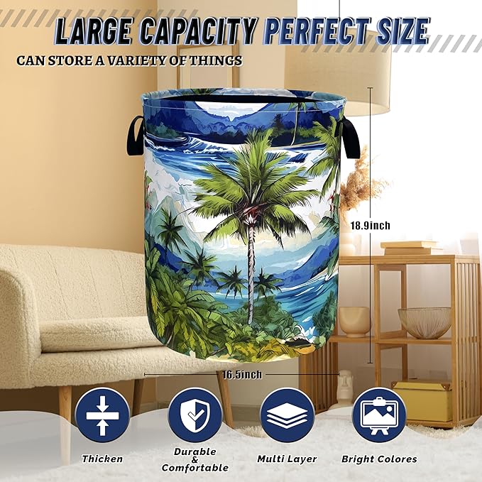 Tropical Palm Tree Laundry Basket Oxford Cloth Colorful Hawaii Laundry Hamper