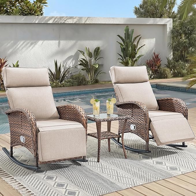 3 Pieces Zero Gravity Wicker Patio Rocking Recliner Chairs Set of 2 - Wicker Outdoor Lounge Chair with Side Table, Adjustable Backrest & Footrest, High Back Outdoor Recliner Chair for Pool Deck Beige