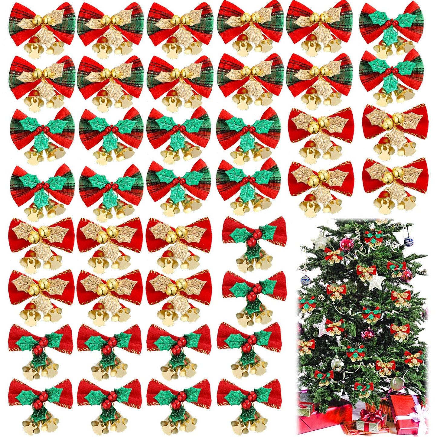 WILLBOND Christmas Mini Bows for Crafts 2" Tiny Christmas Bows for Present with Bells Small Bowknot Ornament DIY Craft for Tree Wreaths Hanging Decor Gift Decorations(40 Pieces)