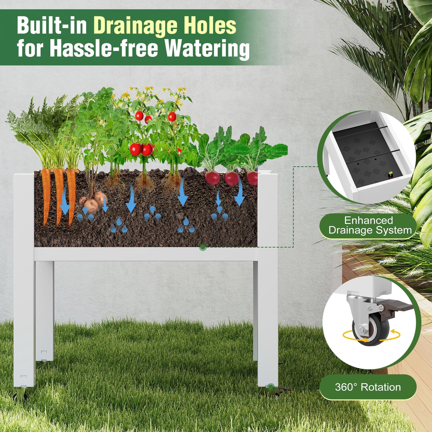 WTFGO Elevated Raised Garden Bed with Wheels - Outdoor Mobile Resin Planter Box with Drainage Holes for Vegetables Flower Herbs, Weather Resistant, White (26.3" h)