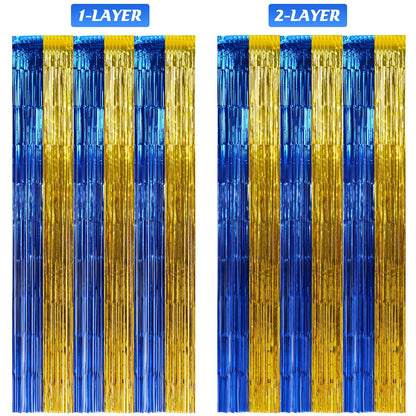 3 Pack 3.3Ft x 6.6Ft Graduation Foil Fringe Curtain Backdrop Decorations, Blue Gold Metallic Tinsel Foil Streamers Curtain Photo Booth Background for Graduation Prom Wedding Birthday Party Decorations