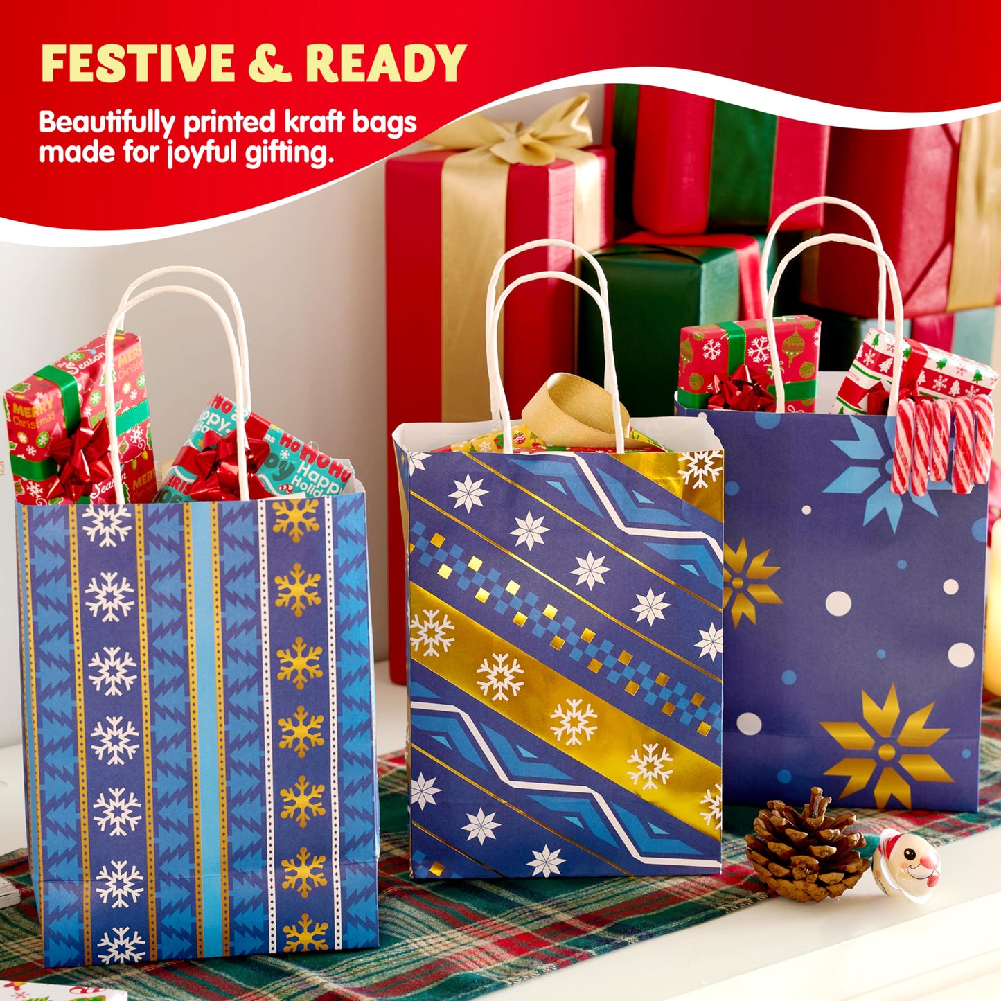 JOYIN 24 PCS Christmas Kraft Gift Bags Xmas Holiday Present Wrapping Paper Goody Bags with Handles for Classrooms and Wedding Decor, Party Favors and Decor Supplies (Blue, 8.27" x 5.91" x 3.15")