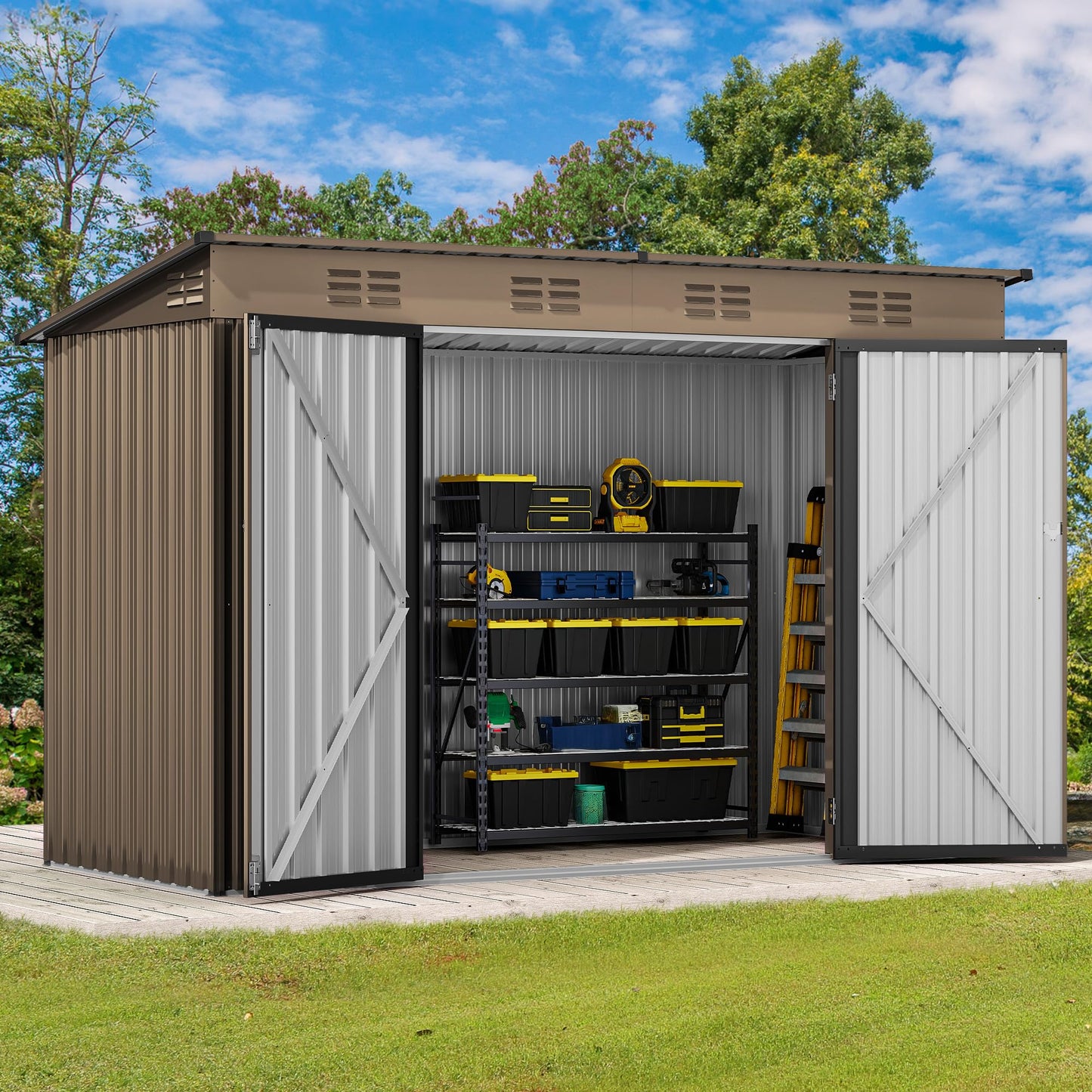 DWVO 9' x 4' Outdoor Storage Shed, Large Metal Tool Sheds, Heavy Duty Storage House with Lockable Doors & Air Vent for Backyard Patio Lawn to Store Bikes, Tools, Lawnmowers, Brown