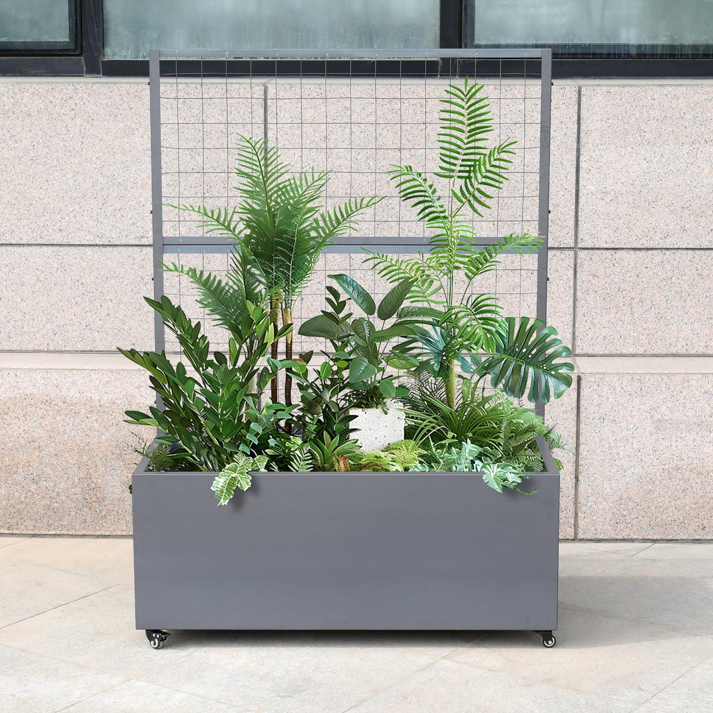 Metal Rolling Planter Box with Lattice Trellis, Modern Steel Planter Box Trellis Corten Trough Planter with Casters 66” x 46” x 21” (Original Metal)