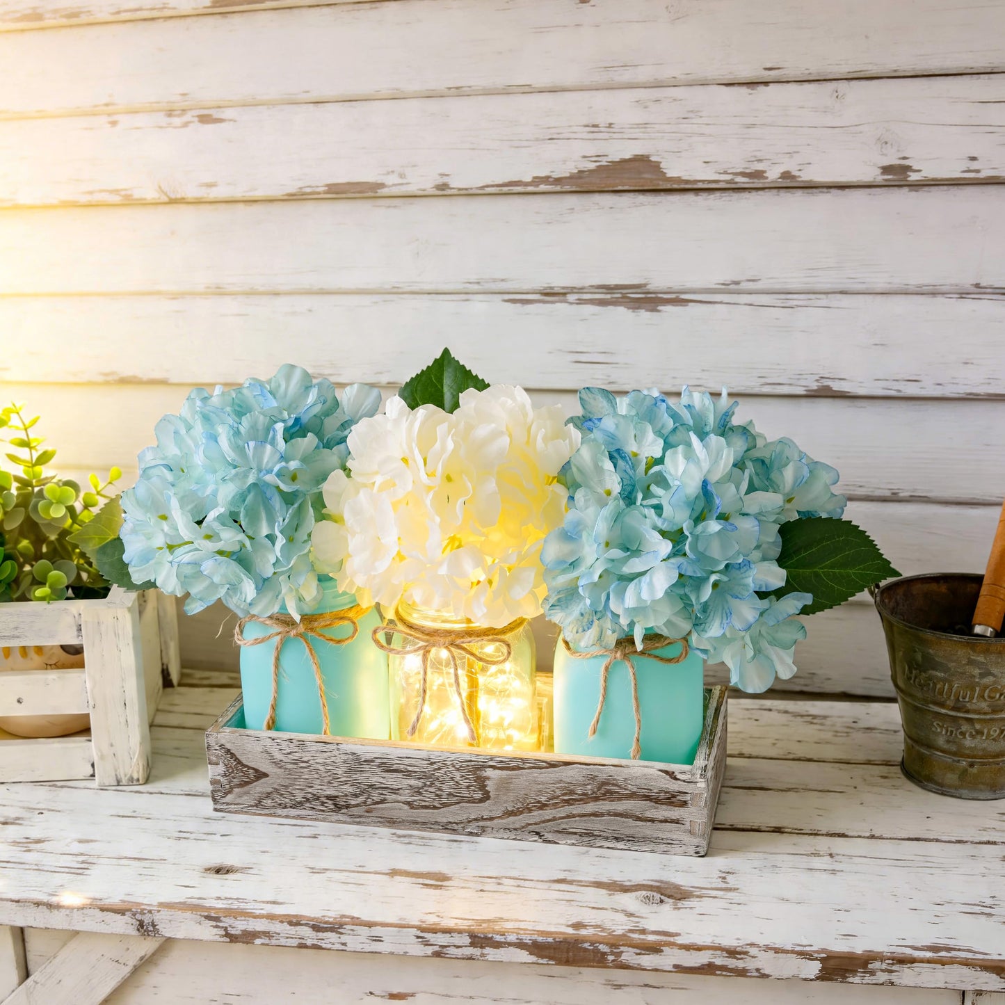 Coastal Beach Decor, Mason Jar Lights Beach Party Themed Decorations Centerpieces with Hydrangea, Sarfish Decor, Wood Tray, Coastal Beachy Table Summer Decoration for Dining Room Coffee Kitchen