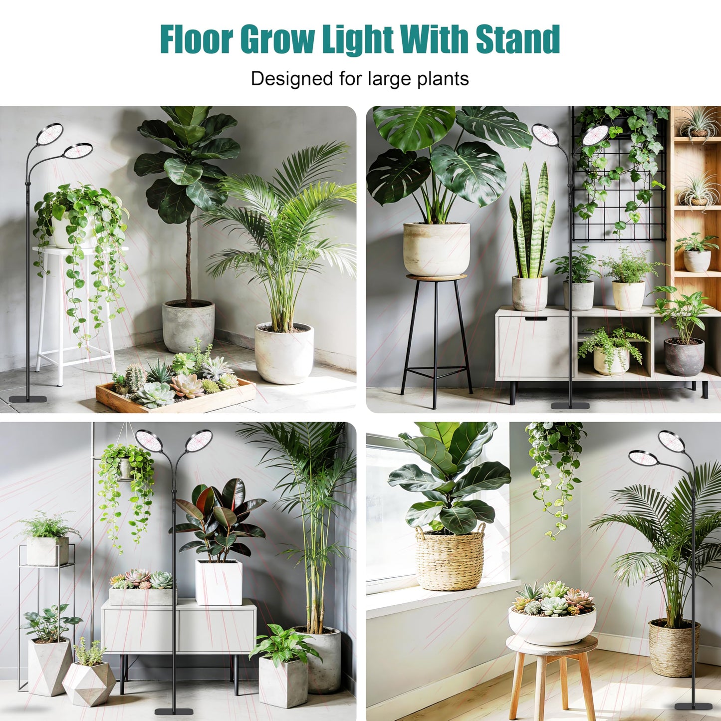Dual Head Grow Light for Indoor Plants, Full Spectrum Floor Standing Plant Light, Remote Control & 4/8/12/18H Timer, 3 Modes 10 Dimmable Levels, Stable Base for Tall Plants Succulents Herbs, Black