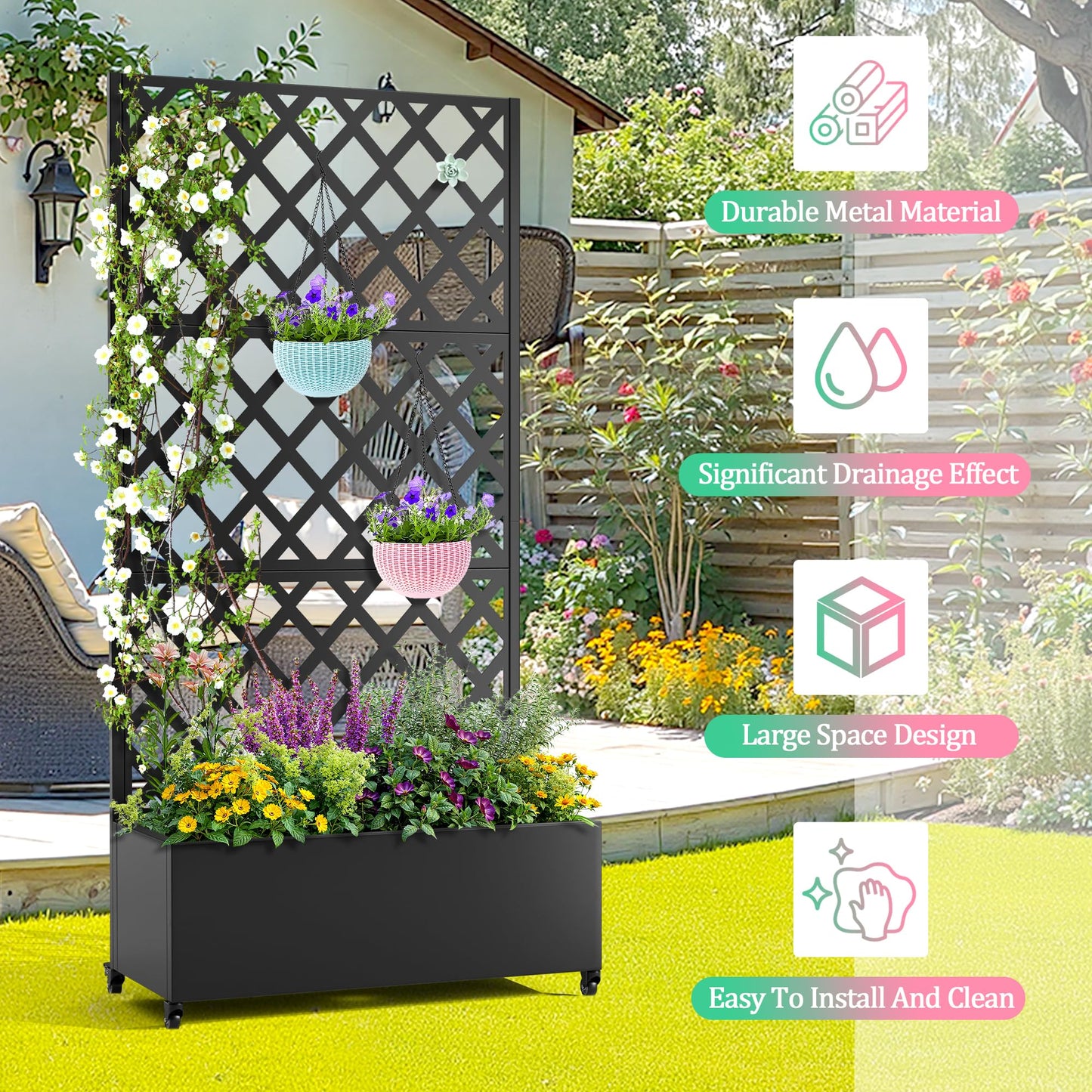 Metal Raised Garden Bed with Trellis for Climbing Plants, Vegetable, Vines,Metal Planter Box with Trellis 73"x35"x16",Trellis with Planter Box & Privacy Screen,Raised Garden Bed On Wheels(Black)