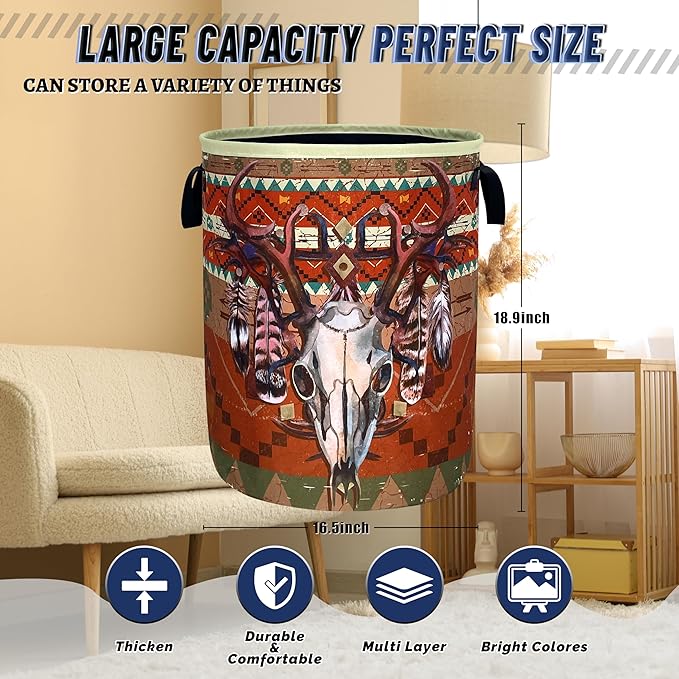 Longhorn Cattle Skull Laundry Basket Oxford Cloth Colorful Tribal Laundry Hamper