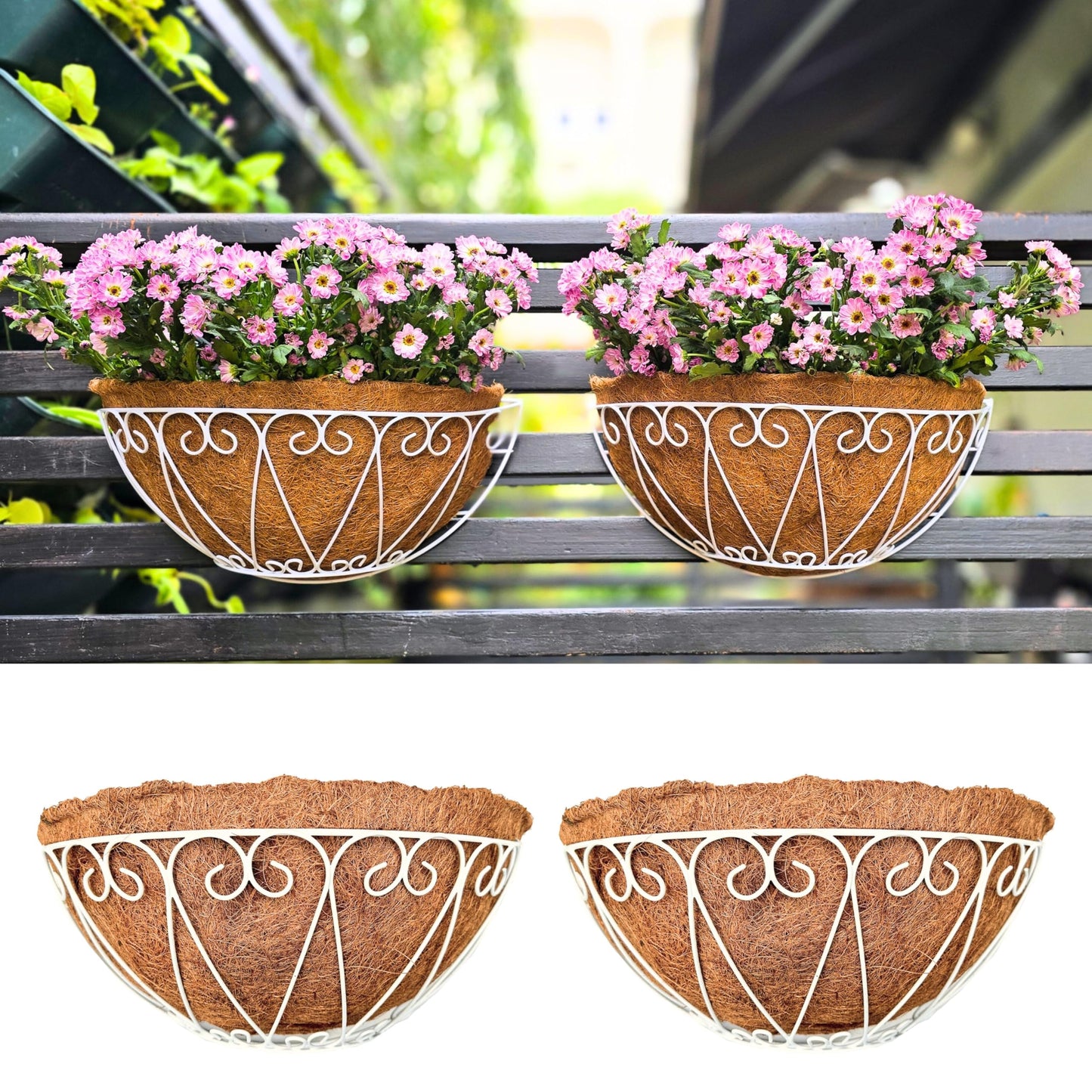 LaLaGreen Outdoor Wall Planters (2 Pack, 14 Inch) White Metal Wall Mounted Hanging Basket with Coco Liner, Semi-Circle Flower Pot Plant Holder for Fence Railing Deck Porch Balcony French Garden Decor