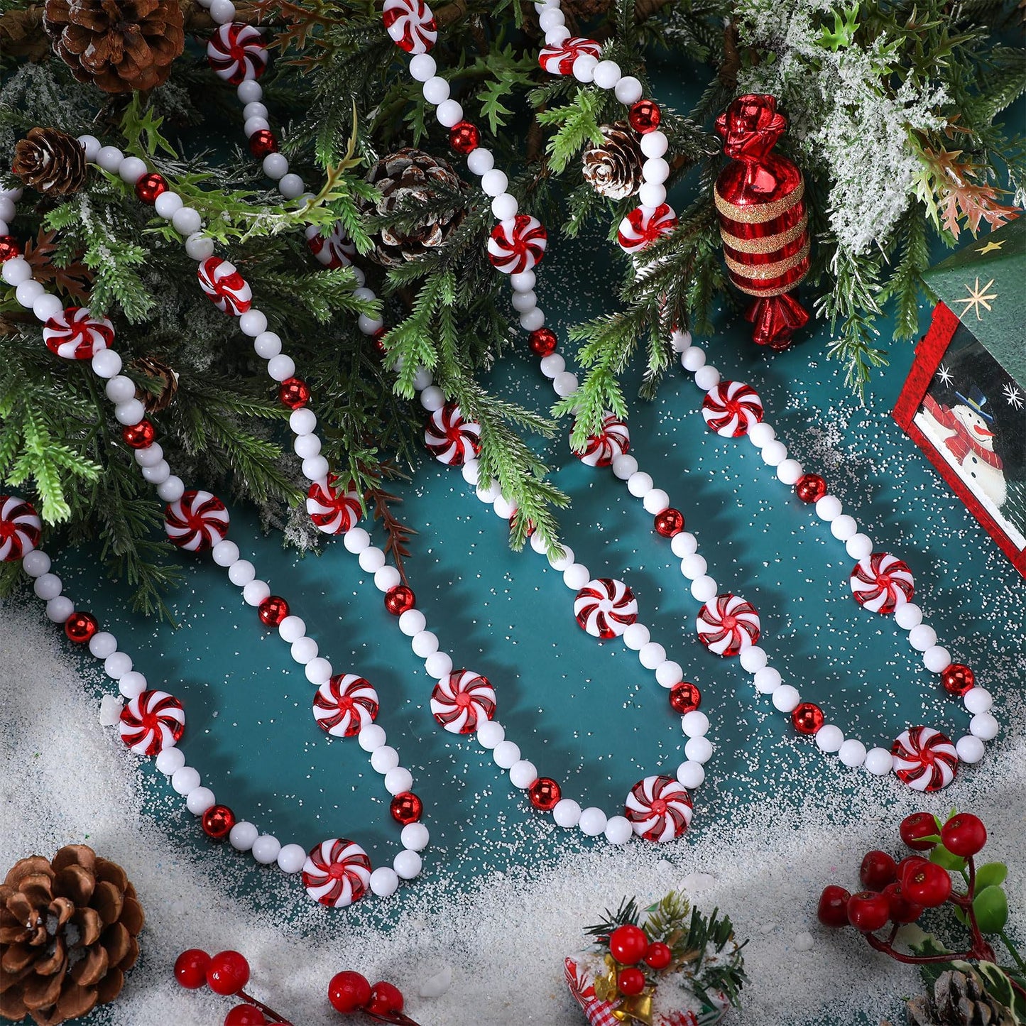 Gerrii 108 ft Christmas Candy Garland Christmas Tree Candy Bead Garland Holiday Plastic Cane Peppermint Red and White Decorations Xmas Hanging Garlands for Xmas Party Fireplace Home Decor