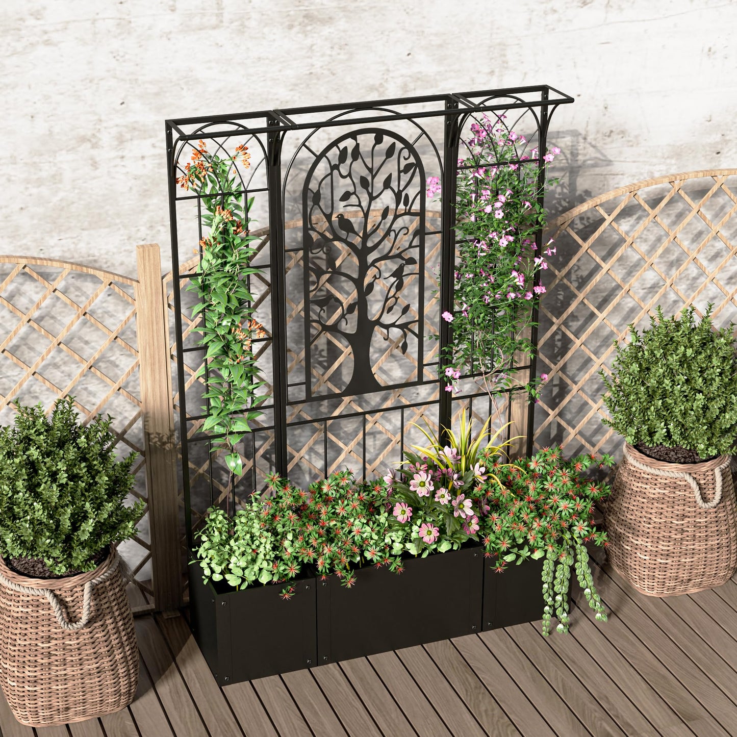 Athuiline Metal Planter Box with Trellis, Raised Garden Bed with Trellis Privacy Screen, 62 inch Tall Planter Boxes for Climbing Plants, Flowers, Vegetables, Fruits, Balcony and Patio Decor (Black)