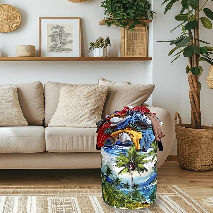 Tropical Palm Tree Laundry Basket Oxford Cloth Colorful Hawaii Laundry Hamper