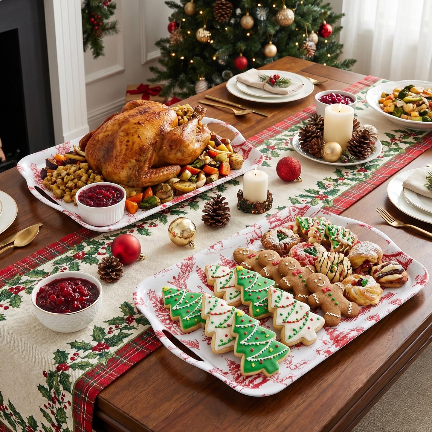 ONEderful 2-Pack Christmas Serving Trays – 18x13 Inches Winter Wonderland Handled Platters, Large Holiday Trays for Christmas Parties, Buffets & Family Gatherings (Christmas Color Scheme)