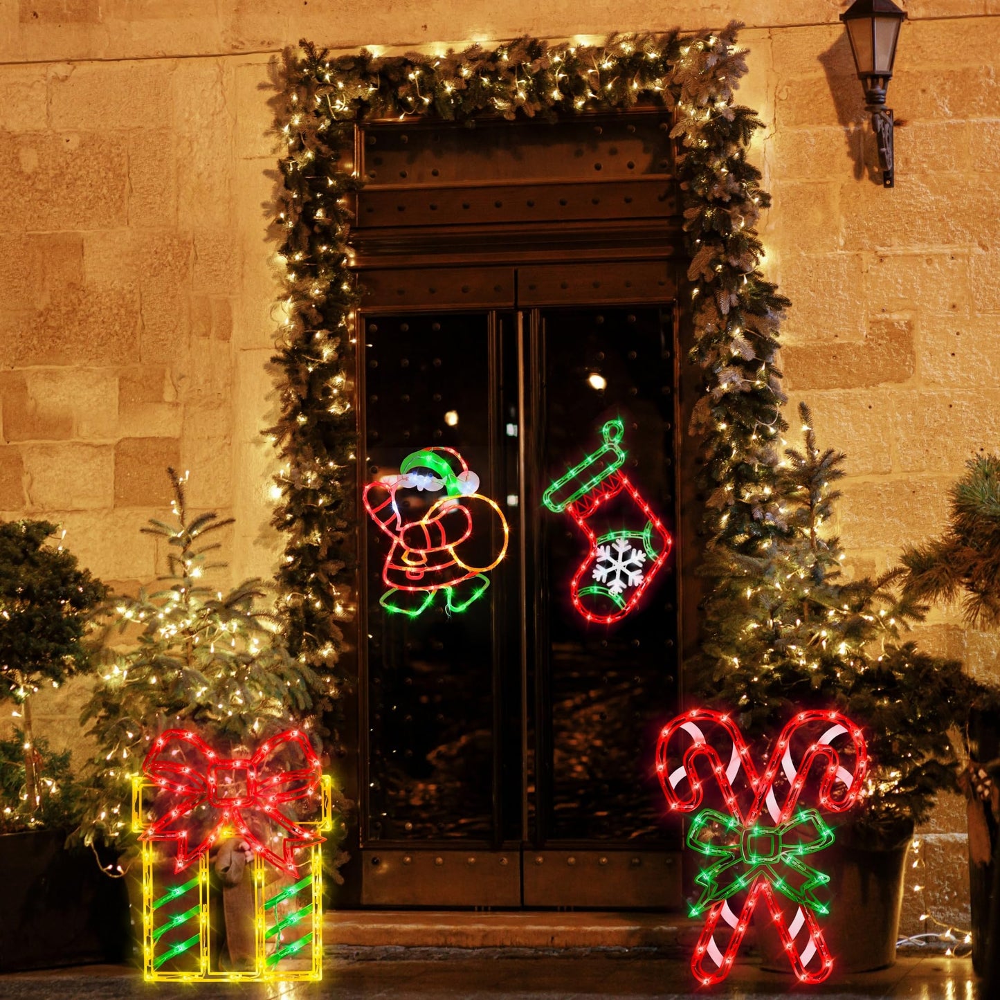TRWYMZ 16" Christmas Window Silhouette Lights - 4 Pack Colour Lighted Christmas Stocking & Candy Cane & Gift Box & Santa for Holiday Indoor and Outdoor Wall Door Window Decorate