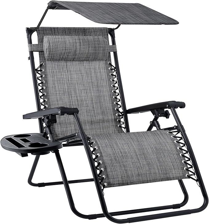 Best Choice Products Folding Zero Gravity Outdoor Recliner Patio Lounge Chair w/Adjustable Canopy Shade, Headrest, Side Accessory Tray, Textilene Mesh - Gray