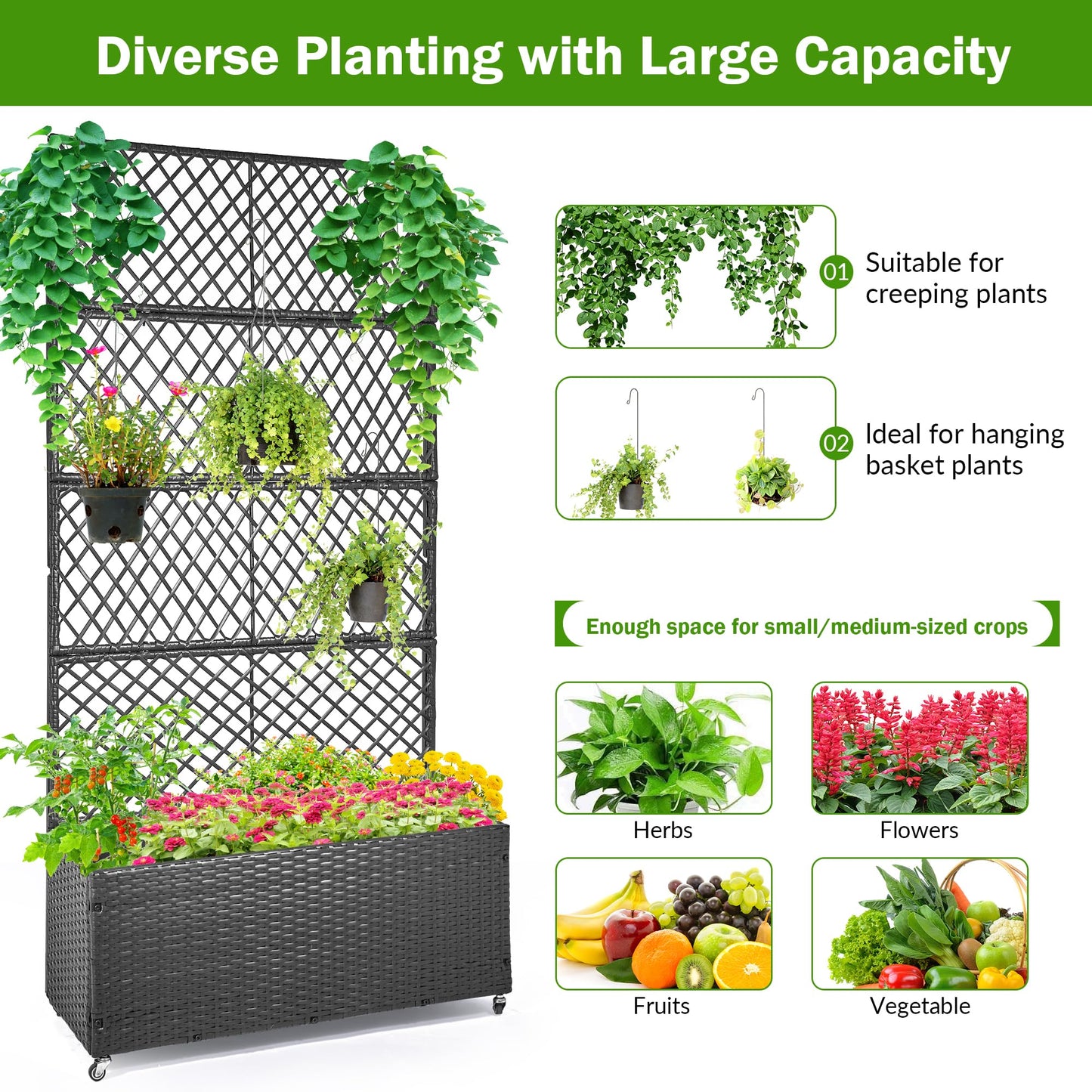 GENMOUS 72in/5.9ft Metal Raised Garden Bed with Trellis, Planter Box Trellis with Wheels for Vine Climbing Plants, Trellis with Drainage Holes for Flowers, Vegetables in Garden, Patio, Balcony （Black）