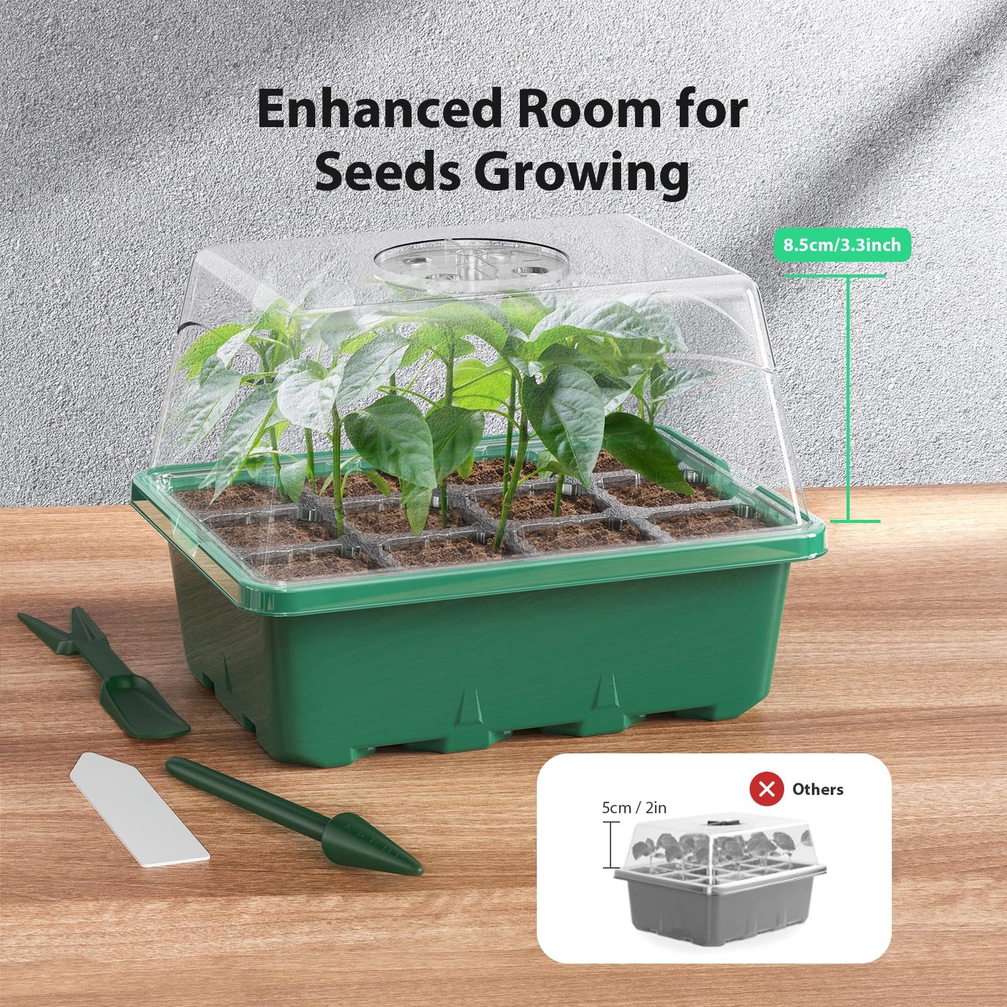 POROLIR Seed Starter Tray, 10PCS Seed Starter Kit, Seedling Starter Trays with Heightened Lids for Seed Staring, Indoor Gardening Plant Germination Trays (12 Cells per Tray) Green
