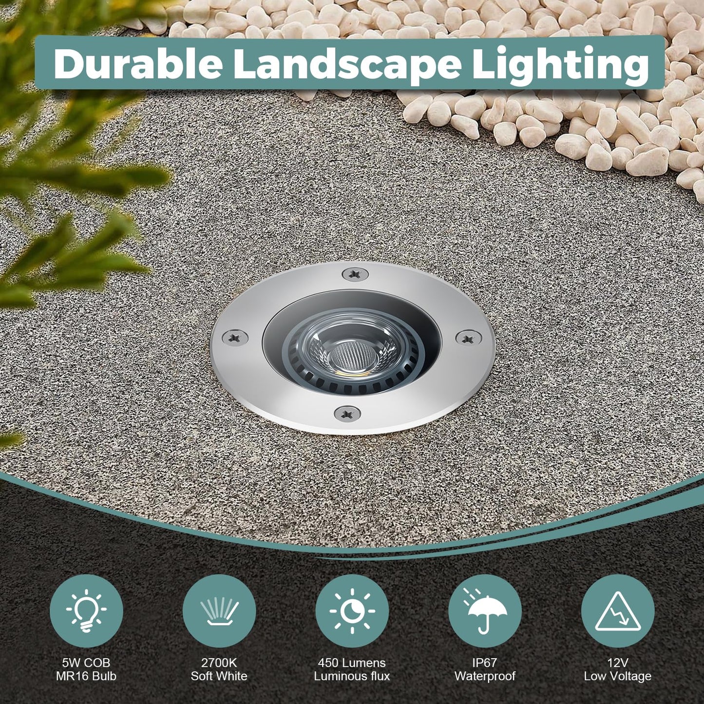 Gardencoin Low Voltage Landscape LED Well Lights, 12V in Ground Lights Outdoor IP67 Waterproof, 5" Tall Wired Landscape Up Lighting, Included Replaceable 5W 2700K MR16 Bulb Dimmable, 12 Pack