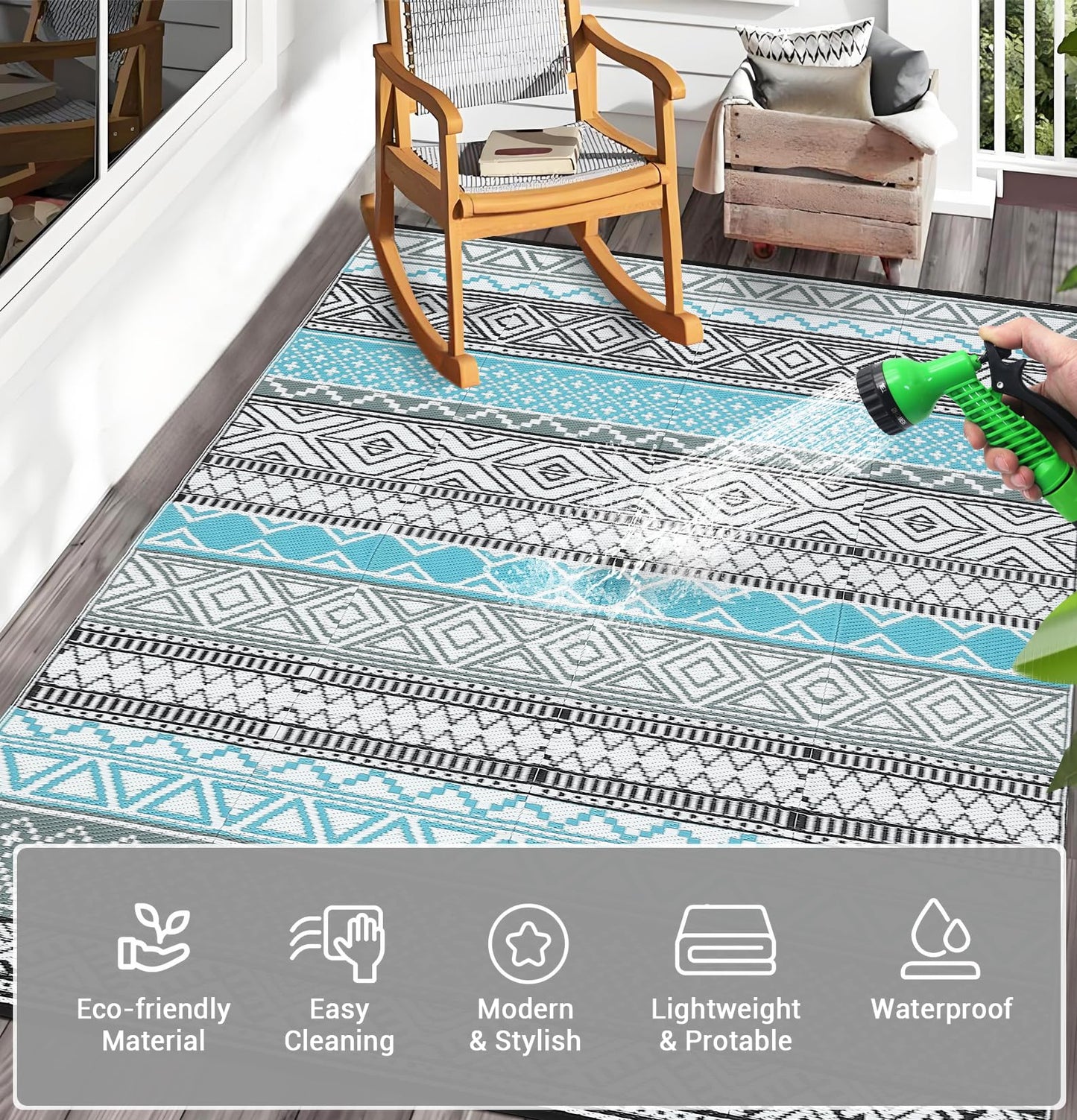 COZYLOOM Outdoor Rug for Patio 9x18 ft Waterproof Clearance, Reversible Indoor Outdoor Plastic Straw Camping Rug Carpet, RV Mat, Large Area Rug for Deck, Backyard, Balcony, Porch, Beach, Blue/Grey