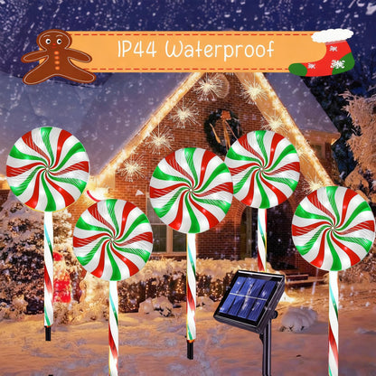 NAHIYELAS Christmas Solar Lollipop Pathway Lights 5 Pack Outdoor Candy Cane Stake Light with Bow Waterproof Walkway Xmas Outsides Garden Yard Lighting Landscape Decorative Decoration
