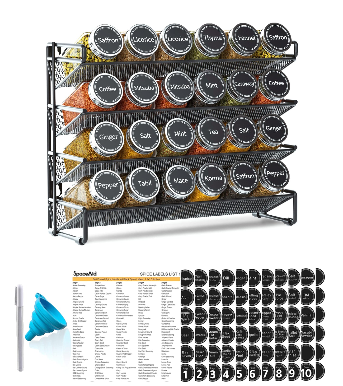 SpaceAid Spice Rack Organizer with 28 Spice Jars, 386 Spice Labels, Chalk Marker and Funnel Set for Cabinet, Countertop, Pantry, Cupboard or Door & Wall Mount - 28 Jars, 13.4" W × 10.8" H, Black