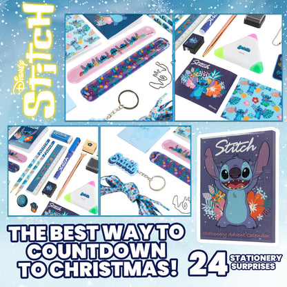 Disney Stitch Advent Calendar 2025 Stationery and Accessories Christmas Countdown Calendar with Necklace Keyring Pen Snap Bracelets Stamps (Blue Stitch Stationery)