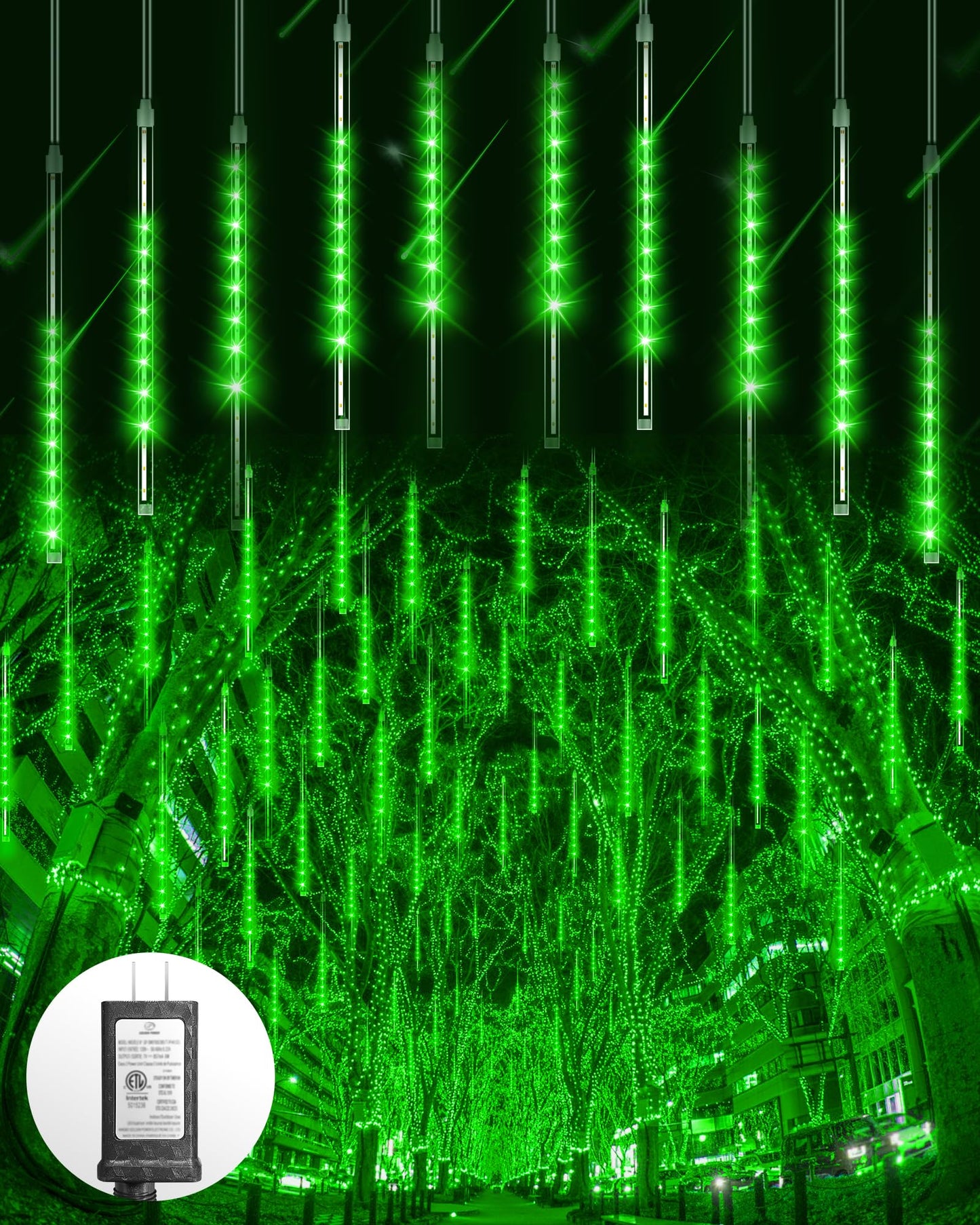 Blingstar Meteor Shower Lights Outdoor Christmas Lights, 16 Inch 10 Tubes 360 LEDs Falling Rain String Light with Timer, Waterproof Plug in Icicle Light for Tree Porch Roof Yard Xmas Decoration, Green