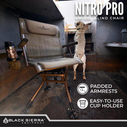 Black Sierra XL Swivel Hunting Chair 360 Silent Blind Seat Heavy Duty Support 300 lbs w/Padded Armrests, All Terrain Feet Cupholder and Carry Strap, Portable Outdoor Seat for Turkey and Deer Hunting