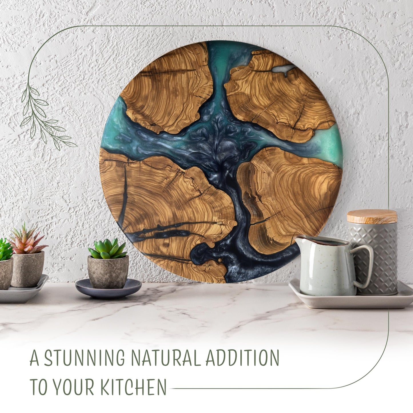 Handmade Olive Wood Round Resin Cheese & Charcuterie Board – Circular Decorative Epoxy Cutting Board with Unique Blue Resin Artwork, Ocean Oasis Design