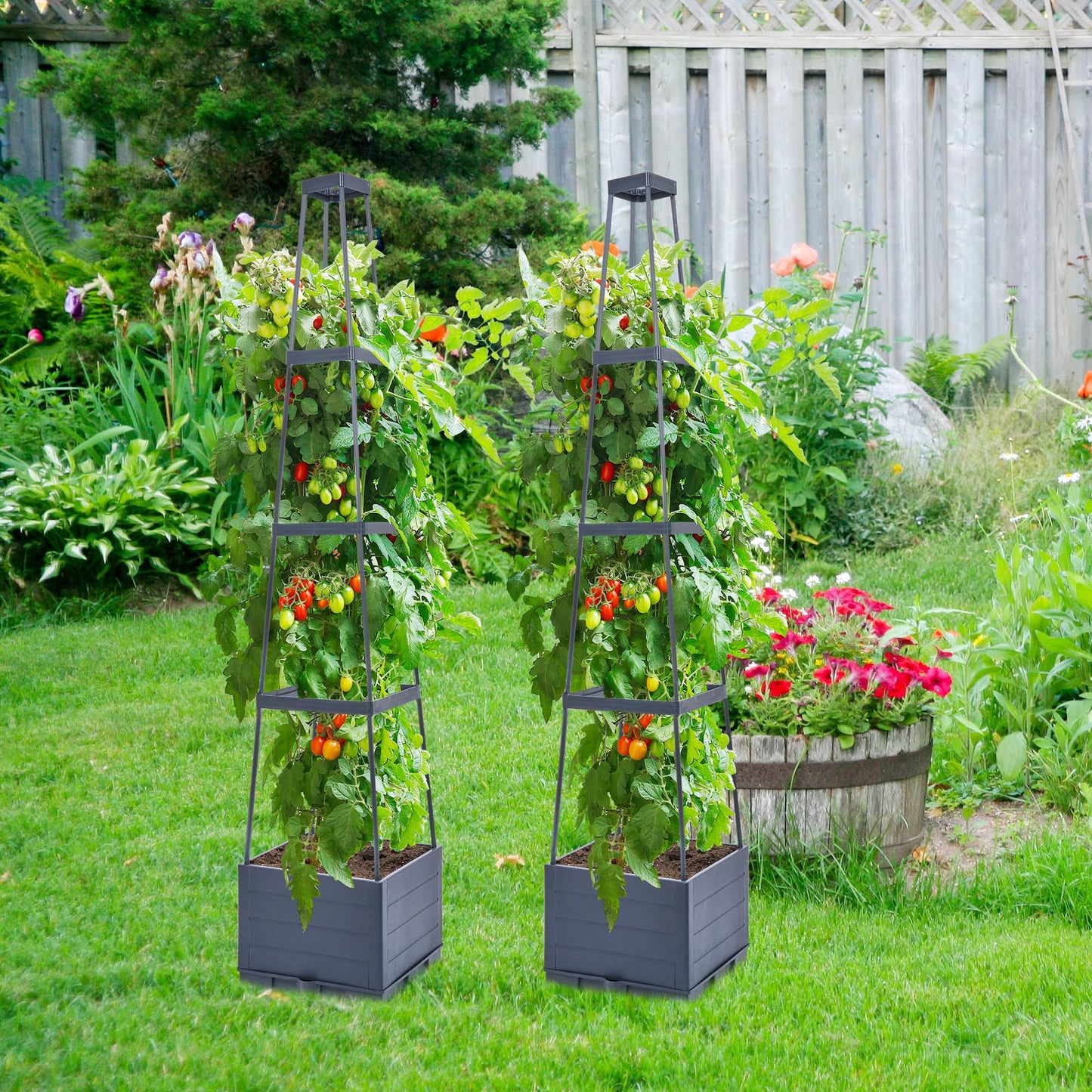 GENMOUS Raised Garden Bed with Tomato Planter Box Trellis, 56'' Tomato Cages for Garden, Tomato Planter Cage for Patio for Climbing Plants Vegetable Vine Flowers Outdoor & Indoor, 4 Pack