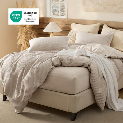 Bedsure 100% Cotton Duvet Cover Queen Size with Fitted Sheet - 4 Pieces Linen Waffle Weave Duvet Covers, PureWowen Breathable Bedding Set, 1 Duvet Cover 90x90, 1 Fitted Sheet, 2 Pillow Shams