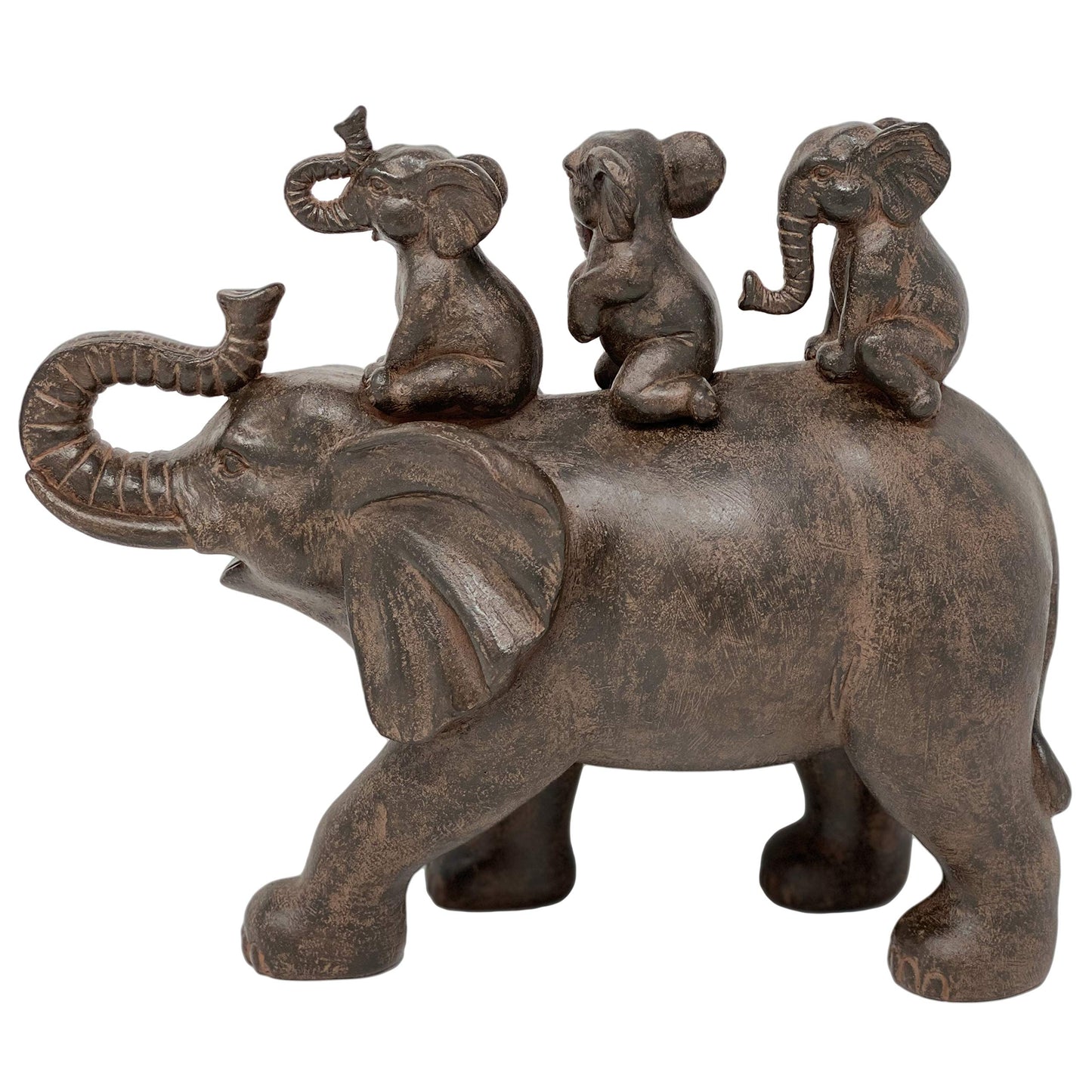 Nature's Mark 8" H 3 Baby Elephants Riding an Elephant Resin Statue Figurine Home Decorative Accent Decor (Brown)