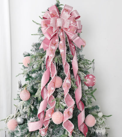 HUIHUANG Pink Christmas Tree Topper Bow 13 inch x 45 inch Large Christmas Bows Pink and White Snowflake Velvet Bows for Christmas Tree Ornament, Wreaths, Staircase, Mantel, Home Decor