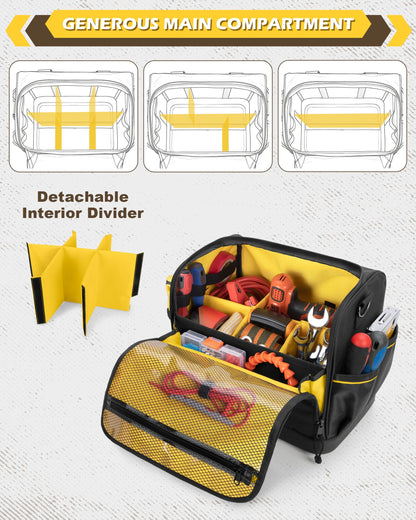 Trahzia 12-Inch Tool Bag with Hard Bottom, Electrician Tool Box Organizer with Detachable Divider, Multi-Purpose Work Tote for Mechanics, Carpenters, Plumbers, Black