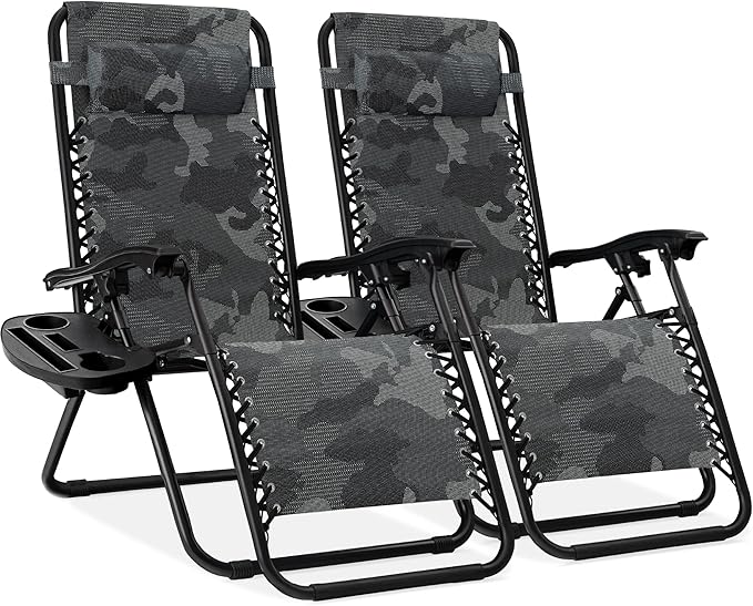 Best Choice Products Set of 2 Adjustable Steel Mesh Zero Gravity Lounge Chair Recliners w/Pillows and Cup Holder Trays - Camoflage