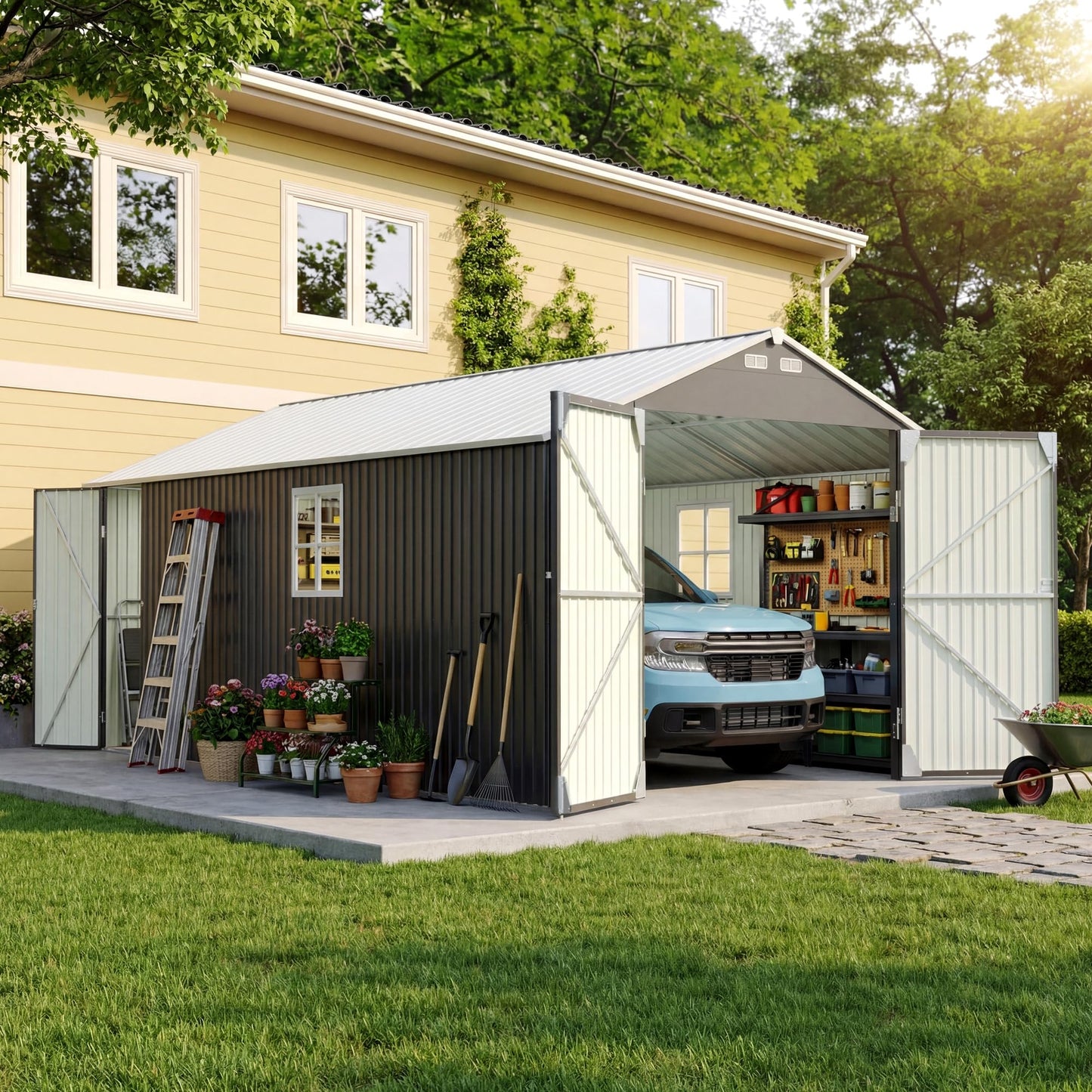 Greesum 12x20FT Metal Carport with Walk-in Side Door, All Weather Metal Garage Shed with Window and Vent, Canopy Shelter with Heavy Duty Frame and Galvanized Roof for Cars, Boats, Tools, Black